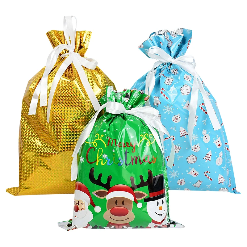 5db Karácsonyi Szívességet Candy Csomagokat Mikulás PVC Fólia Zsák Összehúzható Karácsonyi Party Ajándék Csomagolás Táska Új Év Noel Kellékek