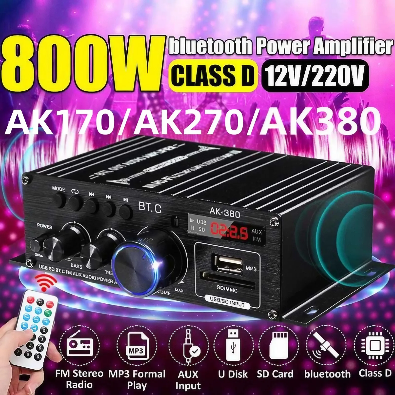 AK35/170/270/370/380 Audio Erősítő, 2 Csatornás Bluetooth 5.0 Térhatású Hang FM USB-Távirányító-HIFI Digitális Sztereó Erősítő