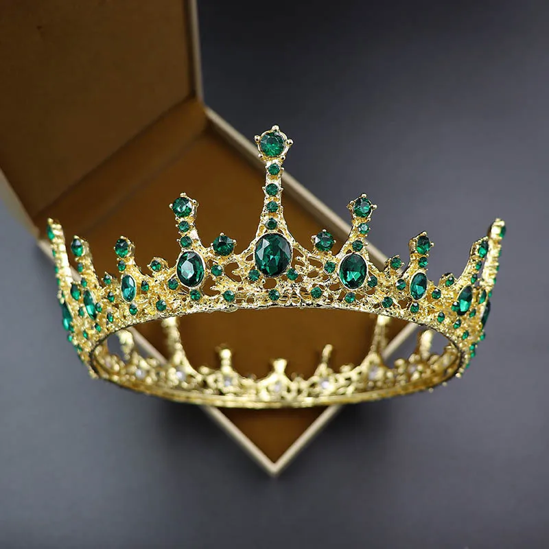 Luxus Királyi Barokk Kristály Arany Zöld Menyasszonyi Fejdíszek Kerek Korona Strasszos Diadém Jelmez Fejpánttal Esküvői Haj Tartozékok