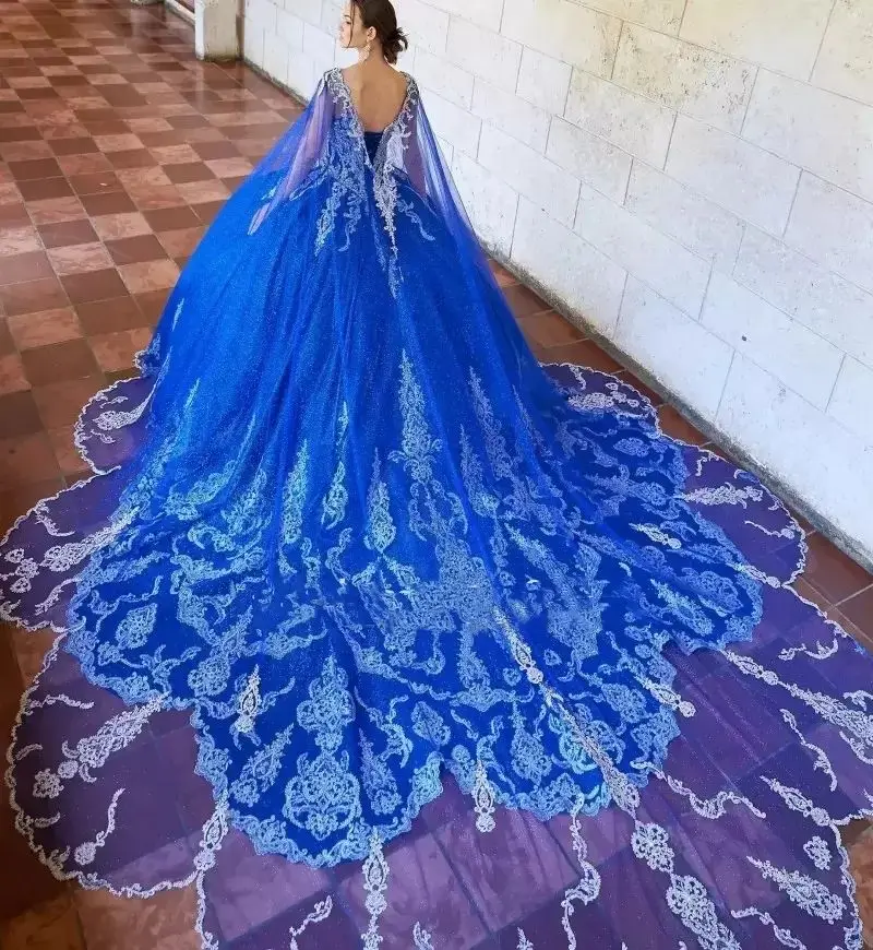 Quinceanerán Ruhák vestido de elsőbálozó para 15 anos Royal Kék Köpeny Csipke Rátét Sequin Mexikói Lányok XV Szépségverseny Ruhák