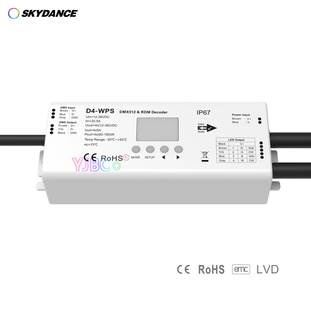 Skydance Vízálló 4 Csatorna Állandó Feszültség DMX512 Dekóder 12V-36V 24V 4 CSATORNA*5A/CH DMX dimmer CV RDM RGBW LED szalag vezérlő